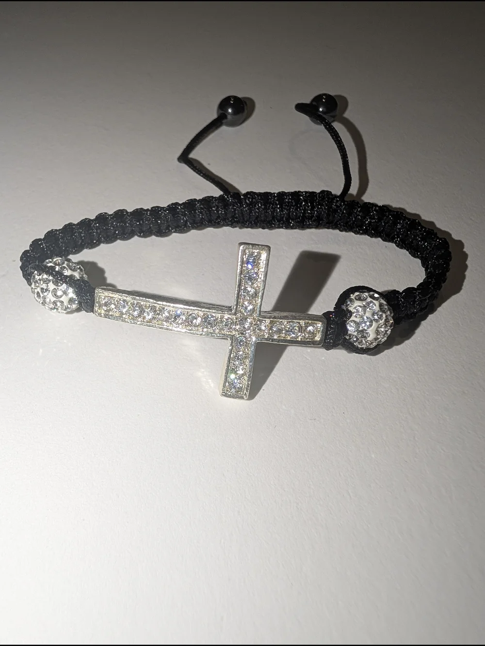 Black Macrame Cross Bracelet with Crystal Accents